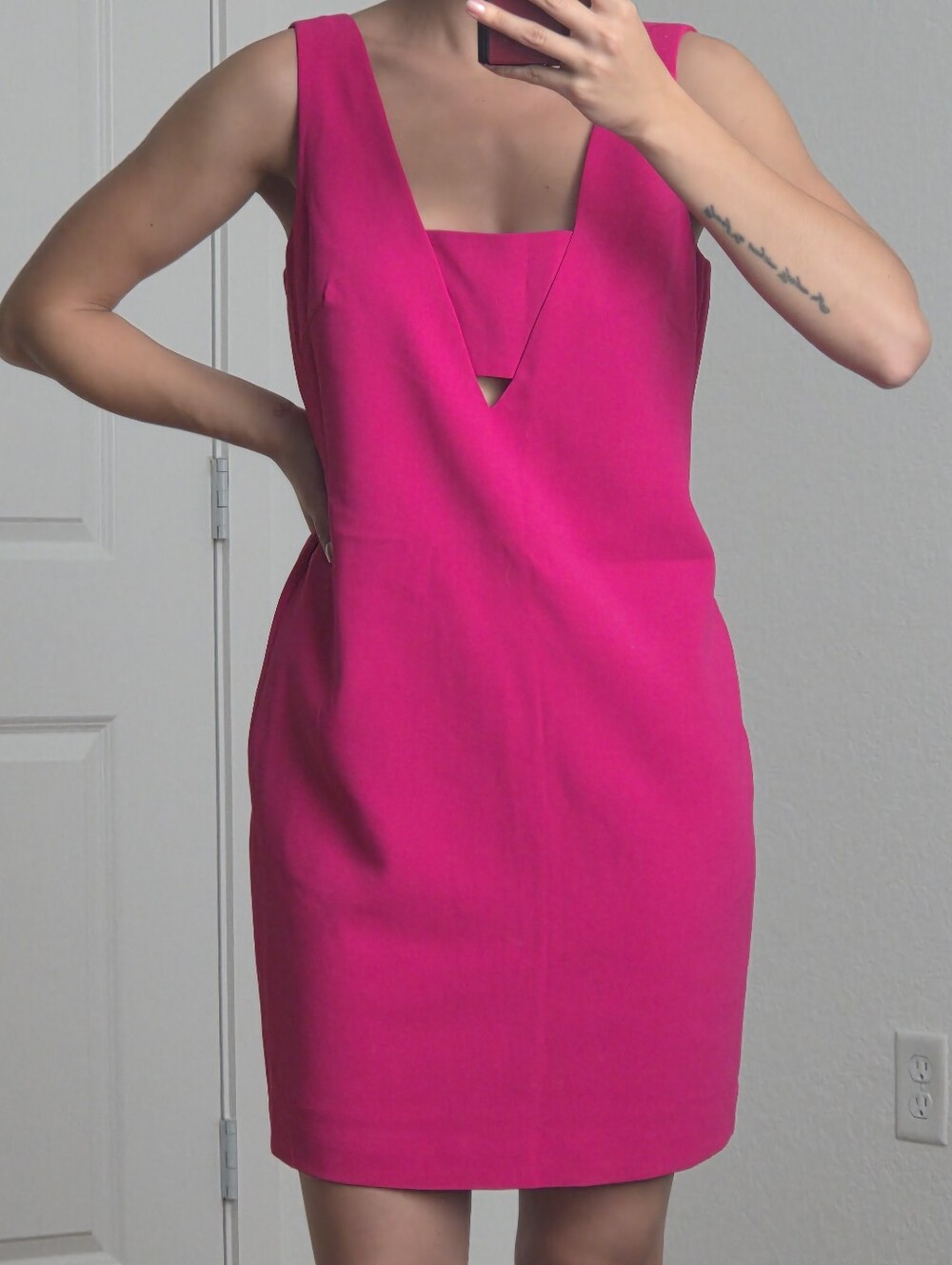 Trina Turk Hot Pink V-neck Structured Crepe A-line Mini Dress, Size 6